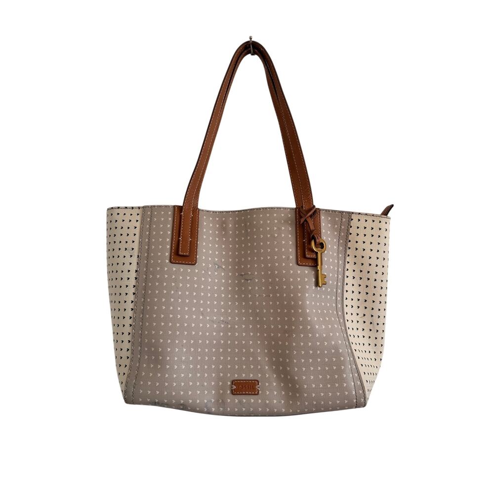 Fossil Emma Tote Bag Cream Gray Micro Heart Pattern Brown Leather Trim Signature